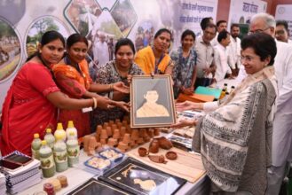 Stall Overview: Gauthan's women's group presented cow dung painting to the Chief Minister and para art to former Union Minister Shailja Kumari