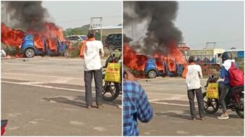 The Burning Car: Big accident…! The moving car burst into flames…the family jumped to save their lives…see VIDEO